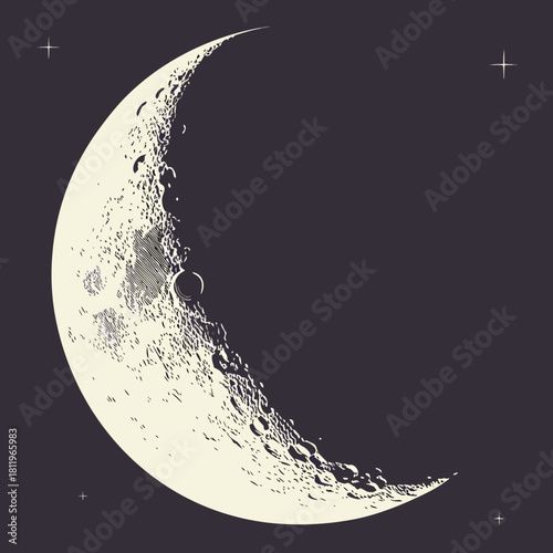 Thin Crescent Moon With Craters And Cross Stars night