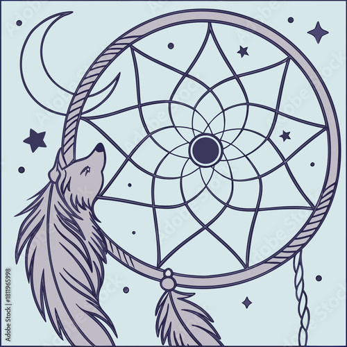 Wolf howling at moon with dreamcatcher and stars Keywords: wolf, howling, moon, stars, night
