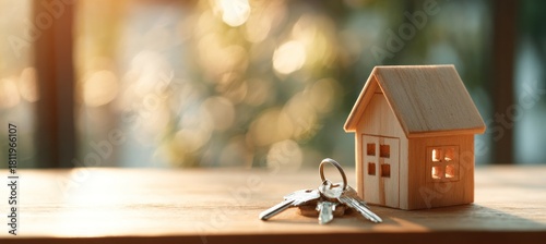 Keys and a miniature house on a wooden table, real estate concept.