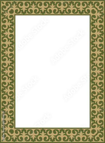 Vector gold with green square Kazakh national ornament. Ethnic pattern of the peoples of the Great Steppe,