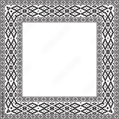 Vector black monochrome square belarusian national ornament frame. Ethnic pattern rectangle of Slavic peoples, Russian, Ukrainian, Serb, Pole, Bulgarian. Cross stitch template