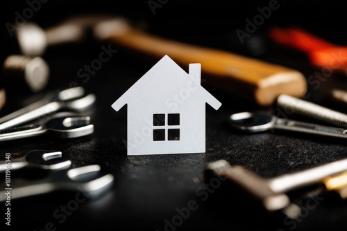 Home repair concept with house model and tools.