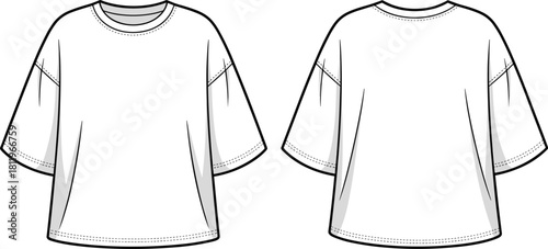 Oversized drop shoulder t-shirt, loose fit tee fashion sketch, vector apparel template, technical clothing drawing, casual top flat illustration