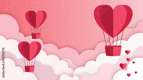 Red heart shaped hot air balloons float among fluffy white clouds