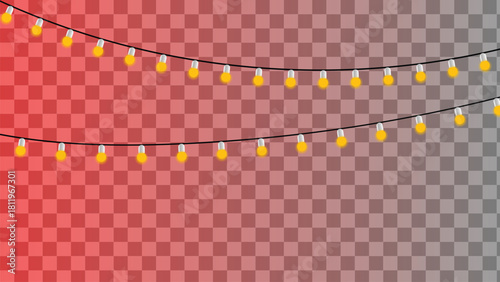 String of glowing yellow party light bulbs on a transparent background