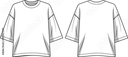 Oversized t-shirt fashion sketch, loose fit tee vector template, technical apparel drawing, casual top design flat illustration for designers