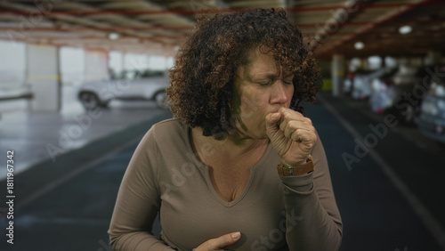 Middle aged hispanic woman coughing mouth covered with fist in indoor parking building under fluorescent lights; discomfort.