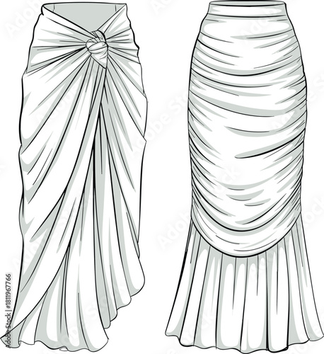 Draped skirt fashion illustration, ruched wrap skirt design, vector apparel template, technical CAD garment sketch, elegant draping clothing artwork