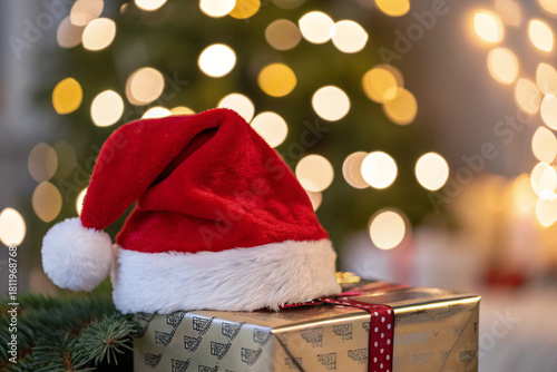 santa hat on christmas gift box