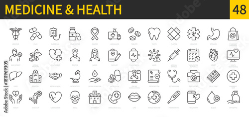 Medicine & health icon set. Medical, cancer, ambulance, doctor, nurse, cardiogram, pharmacy, stethoscope, hospital, first aid kit, pills strip, medication, etc. Vector illustration. Editable stroke.