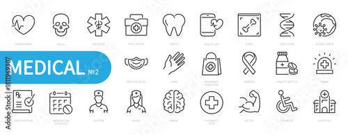 Medical icon set. Cardiogram, first aid kit, medicine, hospital, medical mask, doctor, nurse, pharmacy, cancer, tablets bottle, x-ray,disabled, prescription, etc. Vector illustration. Editable stroke.