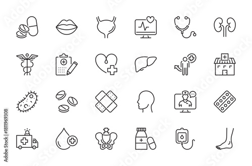 Medicine icon set. Medication, ambulance, blood, check-up, pharmacy, pills strip, blood bag, tablets, plaster, health monitoring, stethoscope, medical, sick, etc. Vector illustration. Editable stroke.
