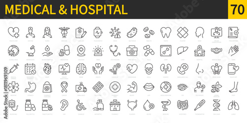Medical & hospital icon set. Pharmacy, medicine, cancer, ambulance, doctor, nurse, cardiogram, stethoscope, health, first aid kit, pills strip, medication, etc. Vector illustration. Editable stroke.