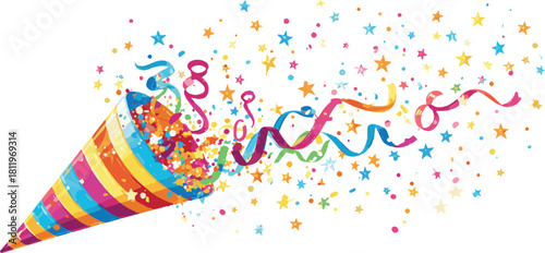 Confetti popper with colorful ribbons isolated on