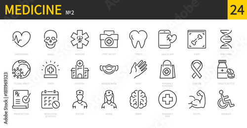 Medicine icon set. Cardiogram, first aid kit, medical, hospital, medical mask, doctor, nurse, pharmacy, cancer, tablets bottle, x-ray,disabled, prescription, etc. Vector illustration. Editable stroke.