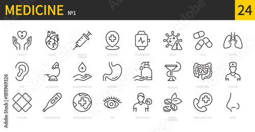 Medicine icon set. Medical, health, doctor, plaster, thermometer, pulse watch, virus, pills, stomach, antiseptic, intestines, blood donation, ambulance call, etc. Vector illustration. Editable stroke.