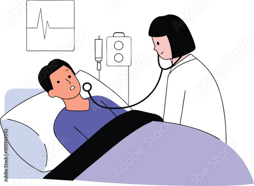 Female doctor using a stethoscope to examine a male patient resting in a hospital bed with monitor.