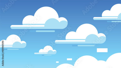 A bright blue sky decorated with stylized white clouds and shapes