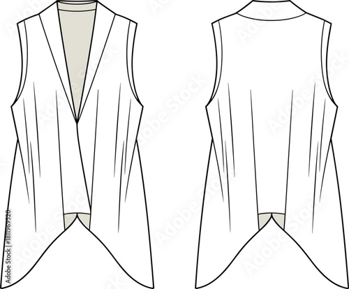 Sleeveless draped vest, fashion flat sketch, asymmetrical hem garment design, vector apparel template, technical CAD illustration for clothing designers