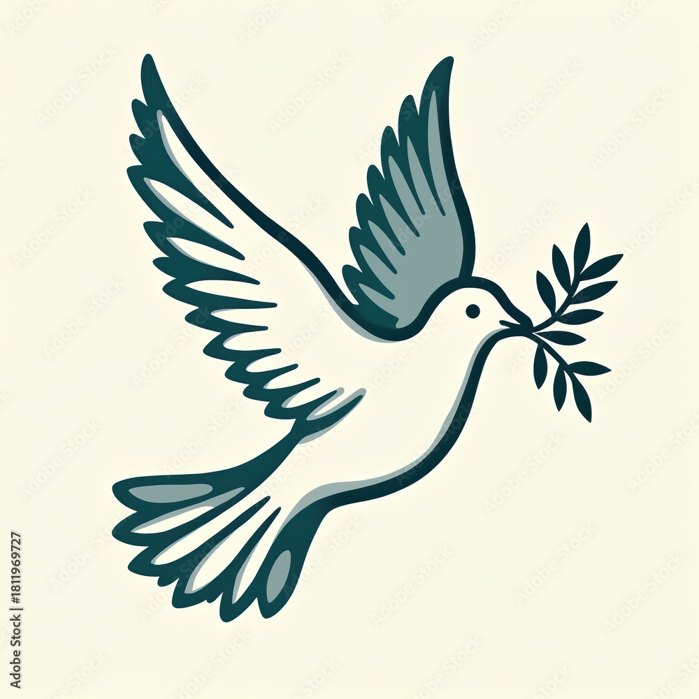 Obraz premium White dove flies with olive branch in beak. Bird illustration world peace hope freedom, harmony. Simple graphic logo icon representing faith love purity, spirituality for humanity.