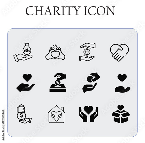 Charity donation vector icon featuring helping hands and heart symbol, perfect for nonprofit, volunteer, and humanitarian projects