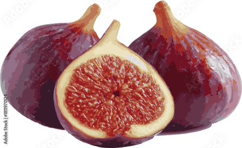 Three fresh ripe figs, one cut in half isolated on