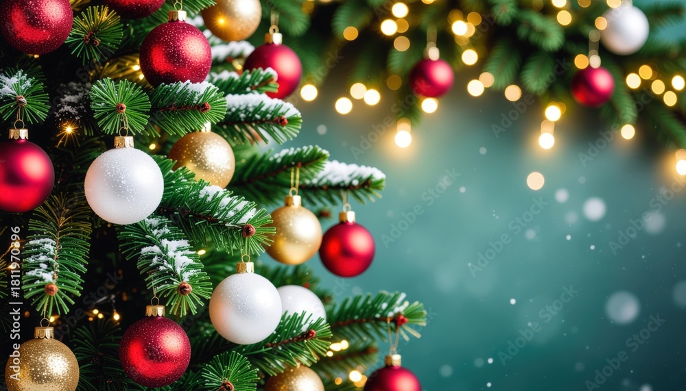 Naklejka premium Festive christmas tree decoration with ornaments cozy indoor setting high-quality photograph warm holiday atmosphere close-up view celebratory spirit