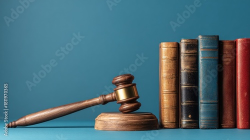 Law and Order - Gavel and Legal Books on Blue Background.