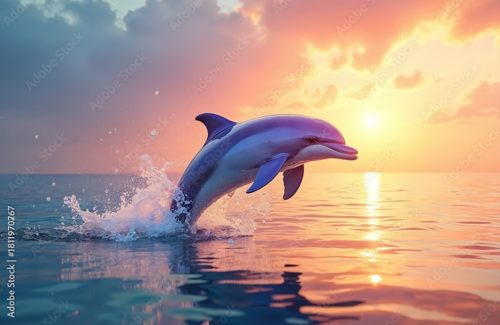 Fototapeta premium Playful dolphin leaps from ocean water creating splash during colorful sunset. Bubbles rise around aquatic mammal against pastel sky. Marine life enjoys freedom at serene sea.