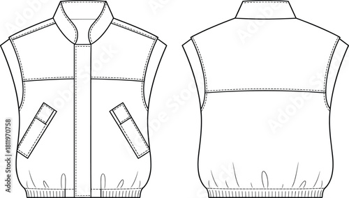 Utility sleeveless vest flat sketch with stand collar, angled pockets, ribbed hem detailing, technical fashion outline, CAD drawing vector illustration