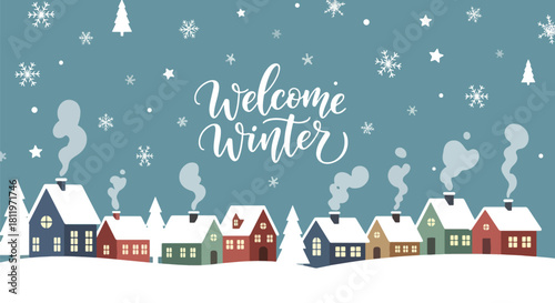 Flat vector winter village with snowy rooftops, chimneys, and simple geometric homes. Ideal for holiday wallpapers, cozy décor, children’s prints, and seasonal illustration sets