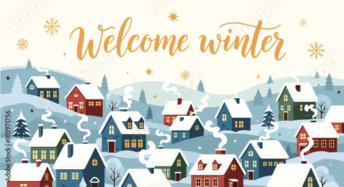 Flat vector winter village with snowy rooftops, chimneys, and simple geometric homes. Ideal for holiday wallpapers, cozy décor, children’s prints, and seasonal illustration sets