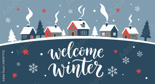 Flat vector winter village with snowy rooftops, chimneys, and simple geometric homes. Ideal for holiday wallpapers, cozy décor, children’s prints, and seasonal illustration sets