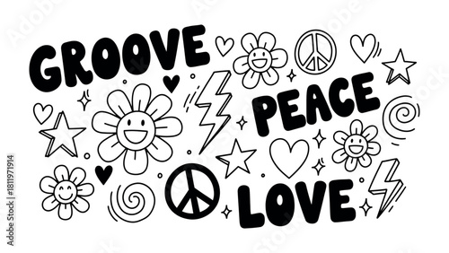 Groove Peace Love Doodle: A vibrant doodle graphic representing the concepts of groove, peace, and love. Featuring stars, hearts, flowers and peace symbol.