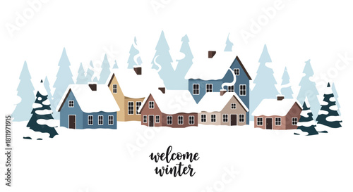 Flat vector winter village with snowy rooftops, chimneys, and simple geometric homes. Ideal for holiday wallpapers, cozy décor, children’s prints, and seasonal illustration sets