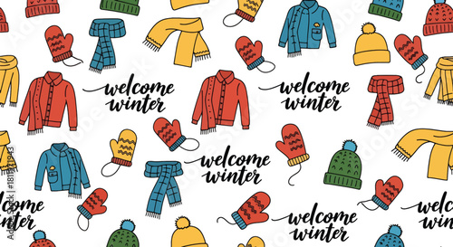 Flat vector seamless pattern of winter mittens, scarves, hats, and cozy clothing icons. Ideal for wrapping paper, kids’ products, wallpapers, and seasonal textile designs
