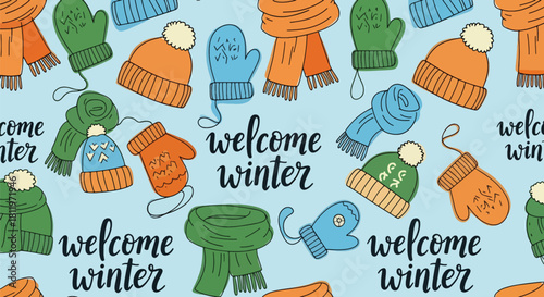 Flat vector seamless pattern of winter mittens, scarves, hats, and cozy clothing icons. Ideal for wrapping paper, kids’ products, wallpapers, and seasonal textile designs