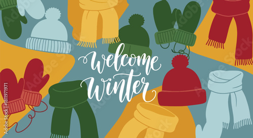 Flat vector seamless pattern of winter mittens, scarves, hats, and cozy clothing icons. Ideal for wrapping paper, kids’ products, wallpapers, and seasonal textile designs