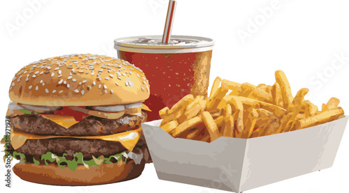 Burger with fries and soda isolated on, fast food meal