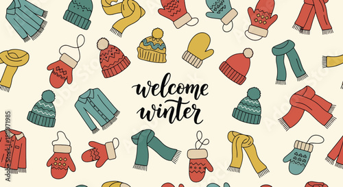 Flat vector seamless pattern of winter mittens, scarves, hats, and cozy clothing icons. Ideal for wrapping paper, kids’ products, wallpapers, and seasonal textile designs
