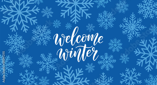 Flat vector winter wallpaper featuring decorative snowflake mosaic in crisp blue tones. Ideal for seasonal packaging, backgrounds, invitations, and festive graphic design