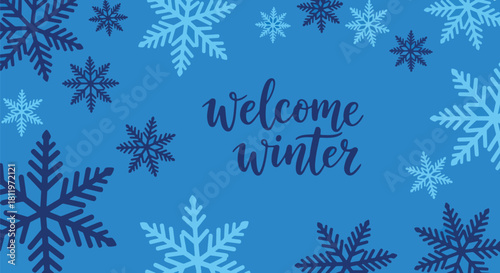 Flat vector winter wallpaper featuring decorative snowflake mosaic in crisp blue tones. Ideal for seasonal packaging, backgrounds, invitations, and festive graphic design