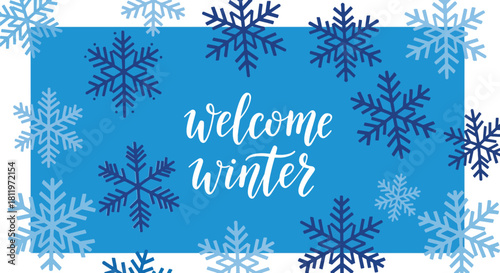 Flat vector winter wallpaper featuring decorative snowflake mosaic in crisp blue tones. Ideal for seasonal packaging, backgrounds, invitations, and festive graphic design