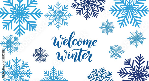 Flat vector winter wallpaper featuring decorative snowflake mosaic in crisp blue tones. Ideal for seasonal packaging, backgrounds, invitations, and festive graphic design