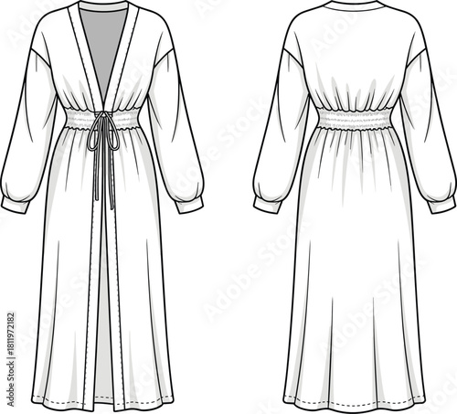 Elegant open-front maxi dress flat sketch with shirred waist, long sleeves, tie detail, technical fashion outline, CAD drawing vector illustration