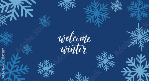 Flat vector winter wallpaper featuring decorative snowflake mosaic in crisp blue tones. Ideal for seasonal packaging, backgrounds, invitations, and festive graphic design