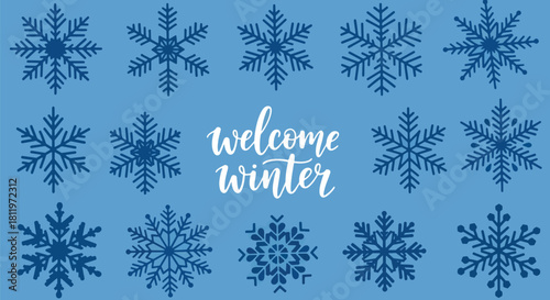 Flat vector winter wallpaper featuring decorative snowflake mosaic in crisp blue tones. Ideal for seasonal packaging, backgrounds, invitations, and festive graphic design