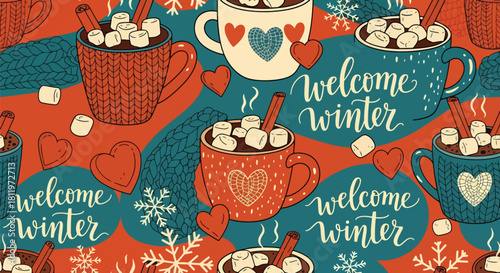 Flat vector winter wallpaper with mugs, marshmallows, cinnamon sticks, and cozy treats. Ideal for warm seasonal décor, café branding, packaging, and festive backgrounds