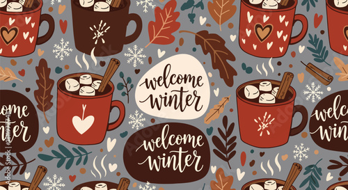 Flat vector winter wallpaper with mugs, marshmallows, cinnamon sticks, and cozy treats. Ideal for warm seasonal décor, café branding, packaging, and festive backgrounds