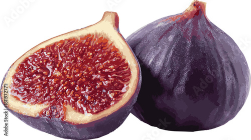 Three ripe figs, one cut in half isolated on